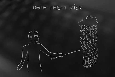 Masked man stealing files from a cloud with binary code rain, data theft Stock Illustration