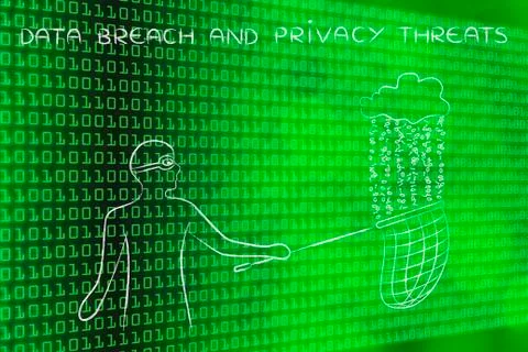 Masked man stealing files from a cloud with binary code rain, data theft Stock Illustration