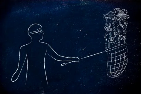 Masked man stealing files from an electronic cloud, data theft Stock Illustration