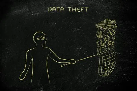 Masked man stealing files from an electronic cloud, data theft Stock Illustration