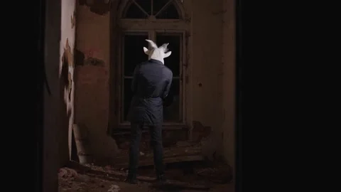 Masked maniac having an attack in a ruined house. Stock Footage 145834863