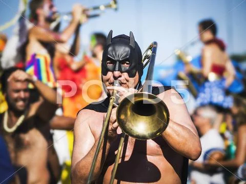 Masked Musician Playing the Trombone at Carnaval Parade, Rio de Janeiro, Brazil Stock Photos