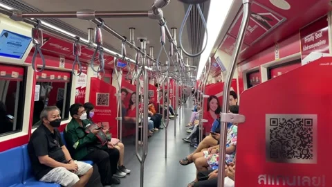 Masked passengers ride subway using smartphones - POV shot while standing Stock Footage 171147736