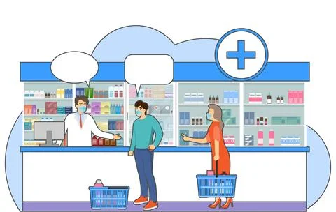 Masked people queue up at the pharmacy for medicines. People buy medicines 스톡 일러스트