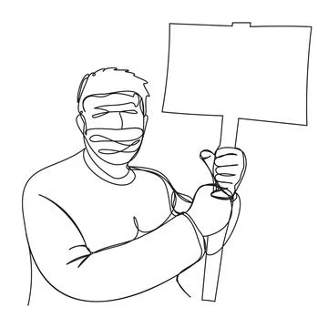 Masked protester with a banner drawing in continuous line on a white back. .. Stock Illustration