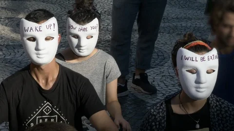 Masked Protesters at Global Climate Strike, Greta Thunberg Words Stock Footage 117123713