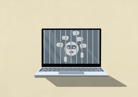 Masked thief emoji with speech bubbles behind bars on laptop screen Stock Illustration