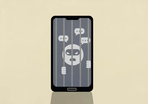 Masked thief emoji with speech bubbles behind bars on smart phone screen 스톡 일러스트