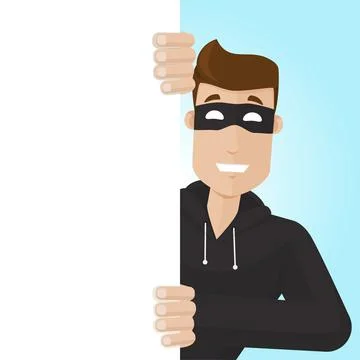 The masked thief peeks out from behind the wall halfway. The crook smiles. Stock Illustration