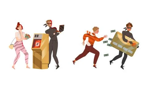 Masked thief stealing personal data and money. Cybercrime and cybersecurity 스톡 일러스트