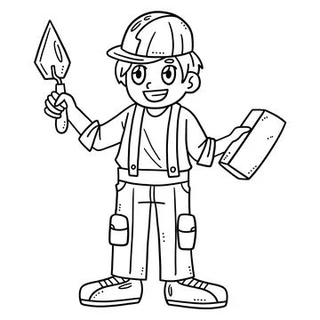 Mason and Bricks Isolated Coloring Page for Kids Stock Illustration