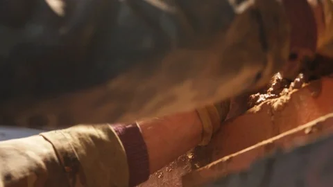 Mason Arranges Brick In The Wall Stock Footage 123798890