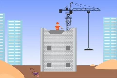 A mason constructing a building with his hand vector. Under construction site Stock Illustration
