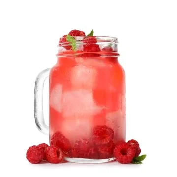 Mason jar of raspberry refreshing drink on white background Stock Photos