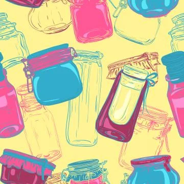 Mason jars. Retro seamless pattern with set of glass jars. Stock Illustration