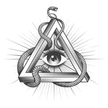 Masonic All seeing Eye inside Triangle with Snake of Wisdom Tattoo Stock Illustration