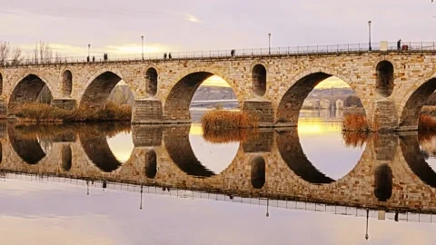 Masonry Pointed arch Stone bridge (Puente de Piedra) across the river Duero i Stock Footage 161617201
