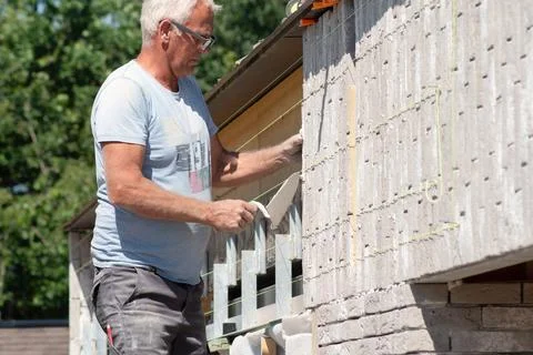 Masonry worker the bricklayer makes the facade of the house from gray bricks Stock Photos