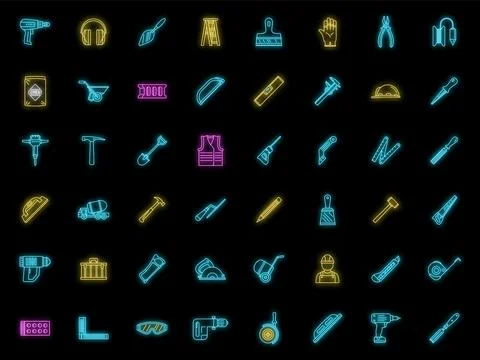 Masonry worker construction icon set vector neon Stock Illustration