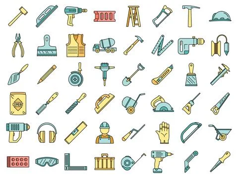 Masonry worker construction icon set vector color Stock Illustration