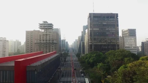 MASP, Brazil, August, 2017. Aerial view on Paulista Avenue, in Sao Paulo city. Stock Footage