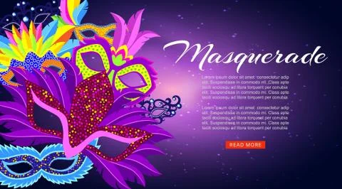 Masquerade, carnival or Mardi Gras banner with cartoon masks and feathers banner Stock-Illustration
