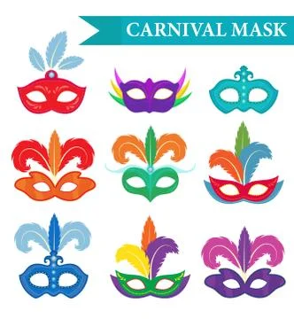 Masquerade mask set, flat style. Carnival collection isolated on white back.. Stock Illustration