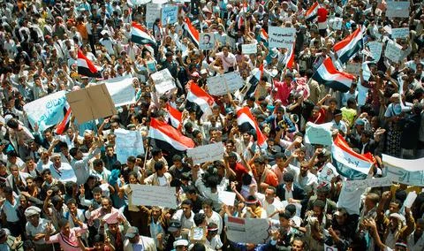 Mass crowds in the Arab Spring revolution in Yemen Taiz Stock Photos