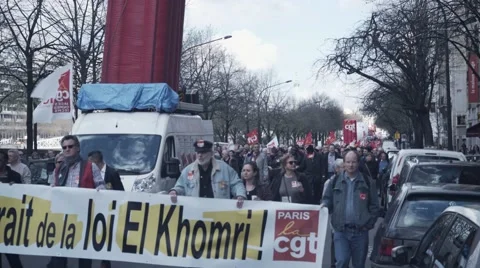 Mass demonstration for the El Khomri Protest in Paris Stock Footage 62583120