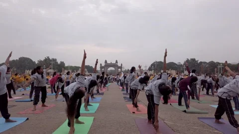 A Mass gathering of students of Yoga practicing in India. Stock Footage 244321658