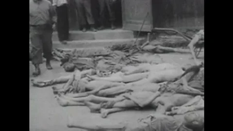 Mass graves filled with dead bodies are discovered by Allied forces at Stock Footage 101754035