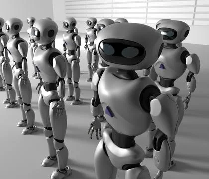 Mass of many robots. A crowd of android cyborg. 3d render Stock Photos
