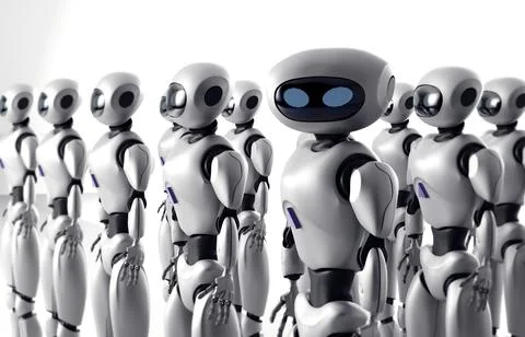 Mass of many robots. A crowd of android cyborg. 3d render Stock Photos