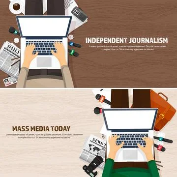 Mass media background in a flat style.Press conference with correspondent and Stock Illustration