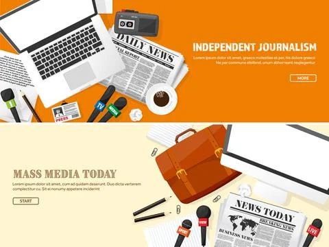 Mass media background with microphone in a flat style.Press conference with Stock Illustration