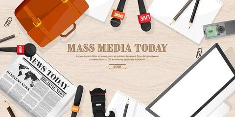 Mass media background with microphone in a flat style.Press conference with 스톡 일러스트