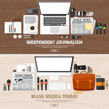 Mass media background with microphone in a flat style.Press conference with Stock-Illustration