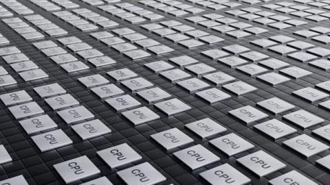 Mass production of processors of component electronics. 3d animation. Stock Photos