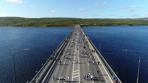 Mass race on the bridge Stock Footage 79993735