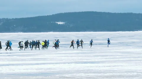 Mass Start Run at Onego Lake Ice Stock Footage 61284305