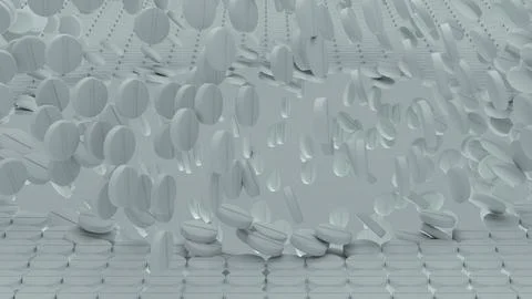 Mass of white tablets falling into deep crater formed in compact pill grid .. Stock Photos