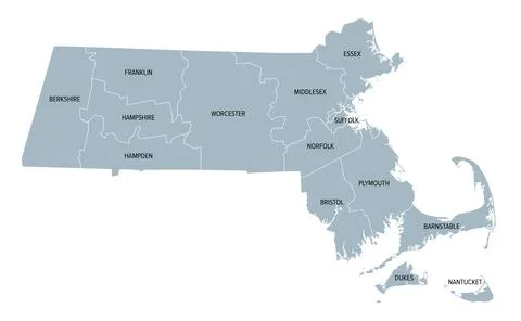 Massachusetts counties, U.S. state, gray political map Illustrazione stock