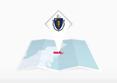 Massachusetts is depicted on a folded paper map and pinned location marker .. Stock Illustration