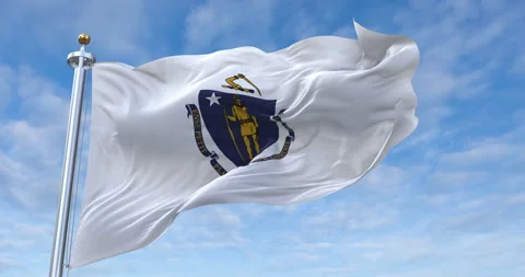 Massachusetts flag with flagpole waving in rolling clouds looping, 4K Loop 库存影片 277399032
