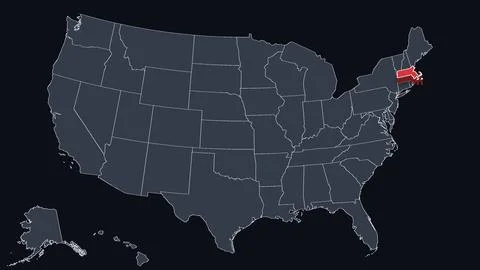 Massachusetts Highlighted Raised in 3D on US Election Map Red Fill Scheme, Black Stock Illustration