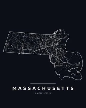 Massachusetts MA Map Counties Highways Roads Dark Mode Editable Vector Stock Illustration