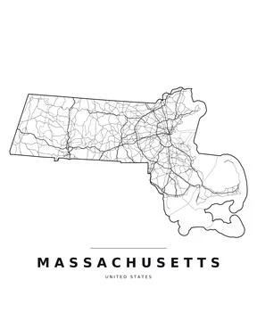 Massachusetts MA Map Counties Highways Roads Black White Editable Vector Stock Illustration