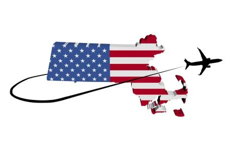 Massachusetts map flag with plane silhouette and swoosh 3d illustration Illustrazione stock