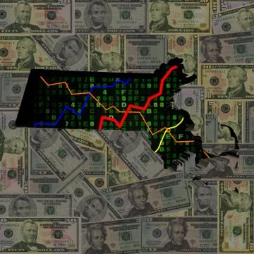 Massachusetts map with hex code and graphs on dollars illustration Stock Illustration