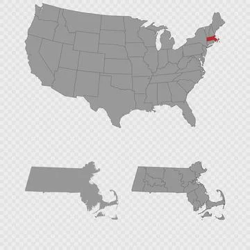 Massachusetts map set with USA location, clean outline, and full county bre.. 스톡 일러스트